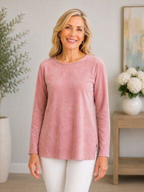 Joan Rivers Pink Faux Suede Knit Top Size S Long Sleeve Side Slit Stretch